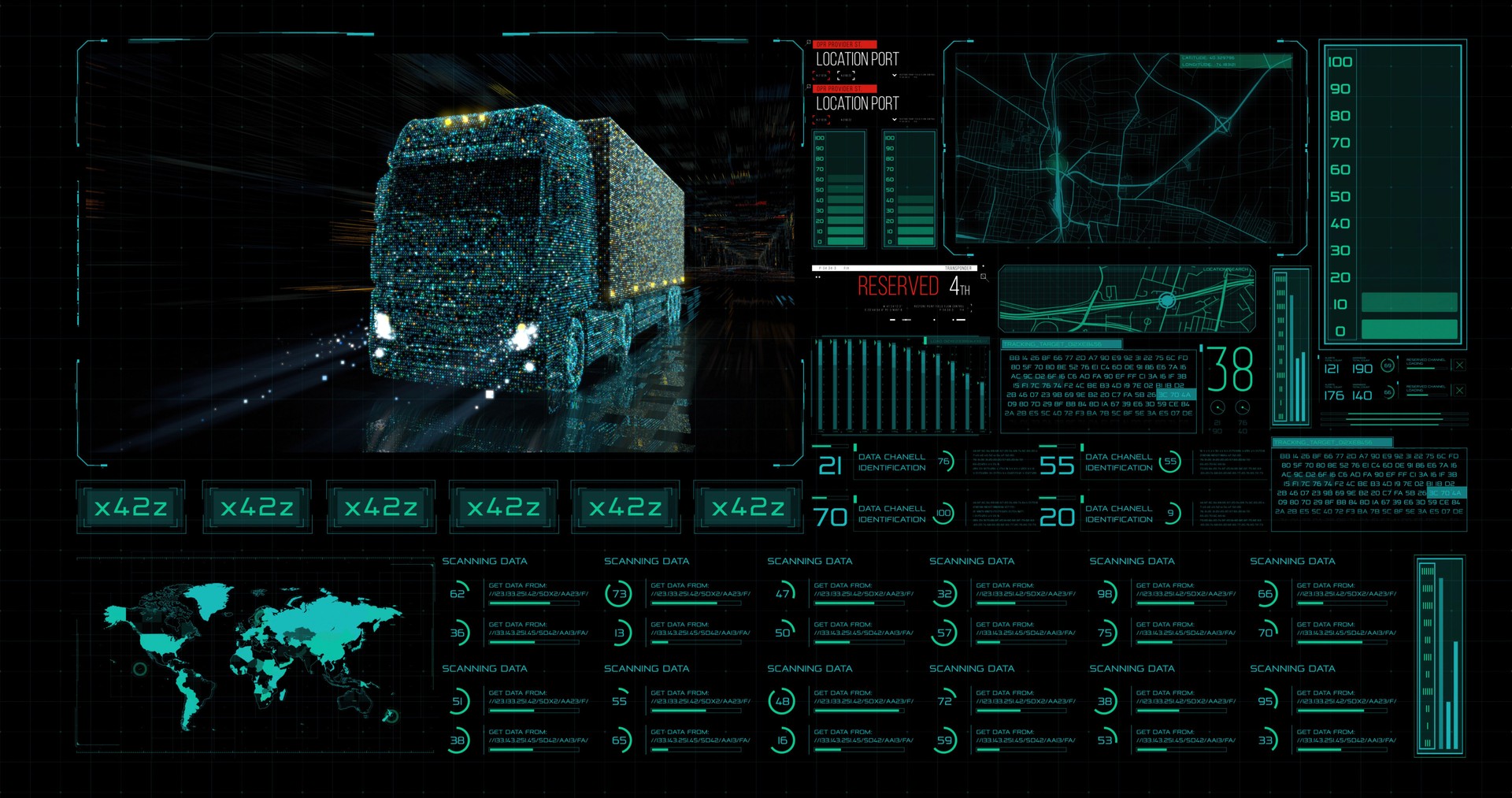 Digital HUD interface of the intelligent control system for unmanned cargo vehicles. Heavy truck control system, speed analysis, location tracking, and other important system functions.
