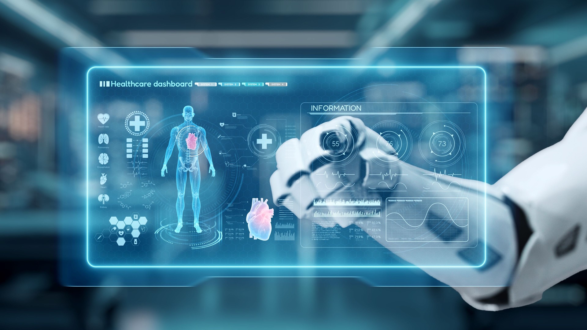 Close up of robotic hand pointing at human anatomy hologram in lab. Salubrious.